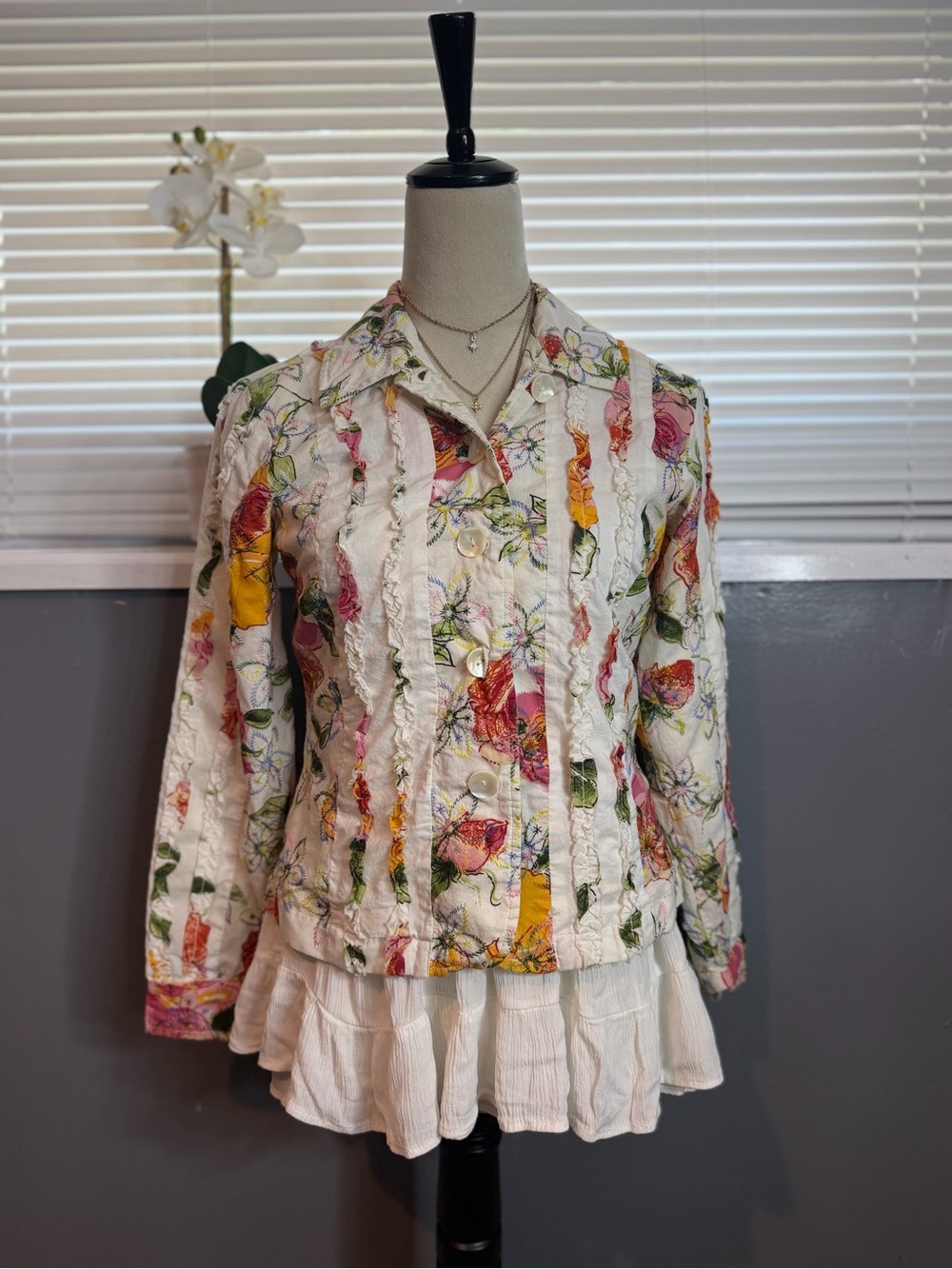 Coldwater Creek P4 Floral Ruffle Cotton Jacket Cottagecore Cropped